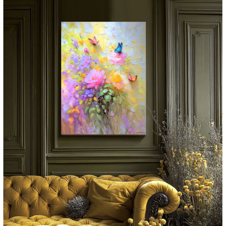 Tableau coloré nature avec fleurs et papillons made in France