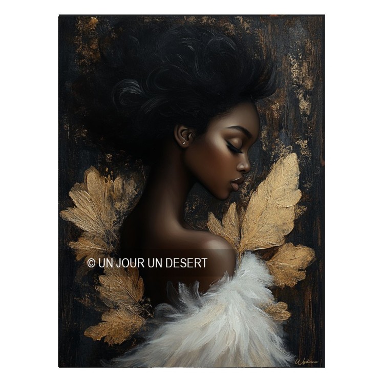 Tableau Aminata avec femme noire et plume dorée made in France