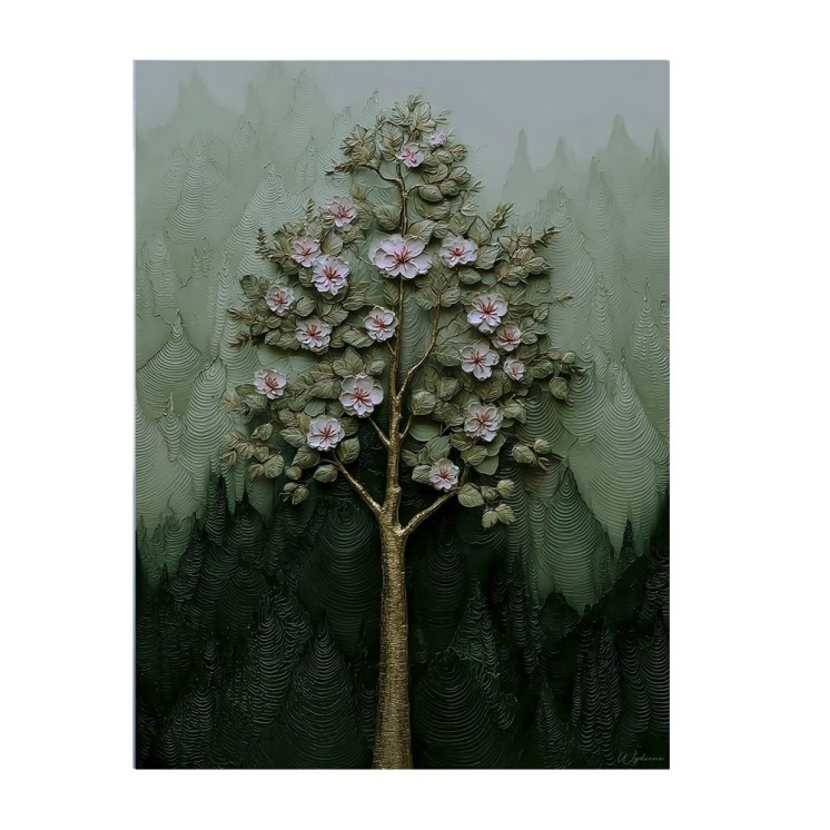 Tableau nature arbre vert avec fleurs made in France