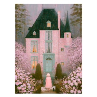 Tableau Attends-moi - Maison rose, enfant et chats - Made in France