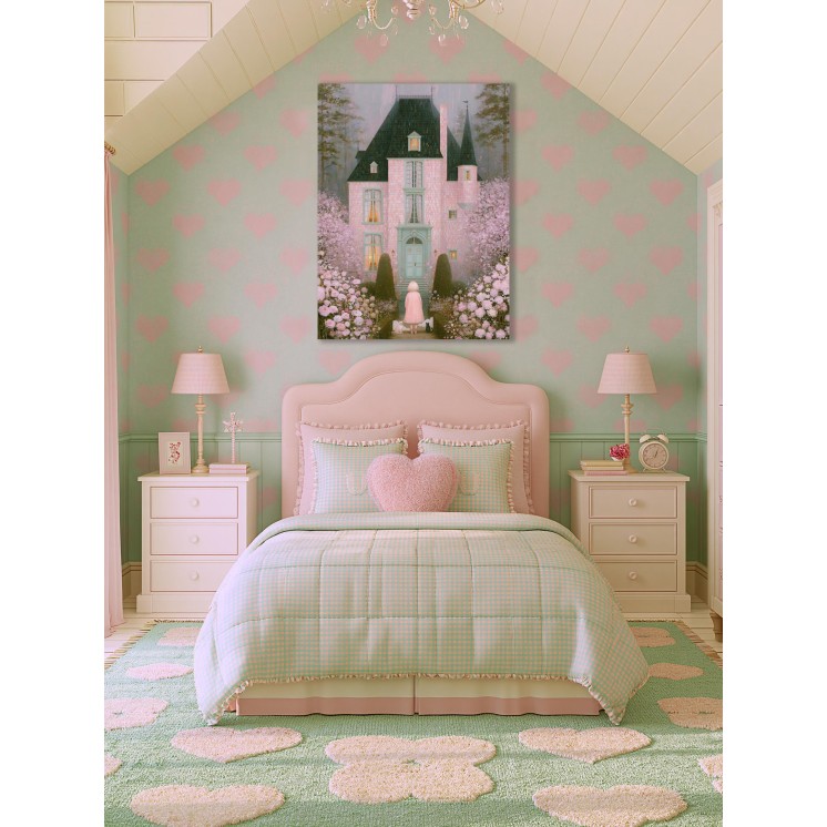Tableau Attends-moi - Maison rose, enfant et chats - Made in France
