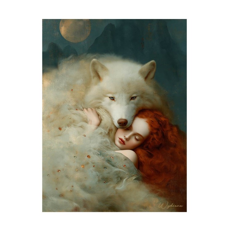 Tableau  Il veillait pendant qu'elle dormait - Loup & femme