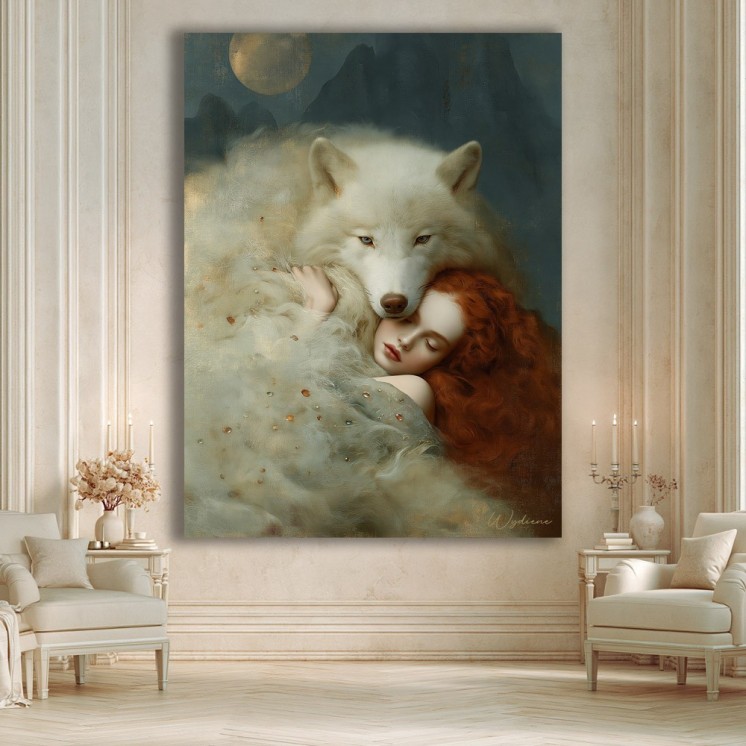 Tableau  Il veillait pendant qu'elle dormait - Loup & femme